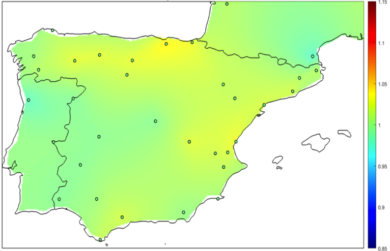 Figure 4 - Heat map of the voltage in the 400 kV network (in p.u.) at 12:00 CEST  (source : PMU data from Red Eléctrica, REN, RTE)