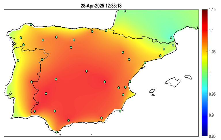Figures 9a, 9b & 9c – Heat maps of the voltage in the 400 kV network (in p.u.) one second after each of the first three generation trips (source: PMU data from Red Electrica, REN and RTE)